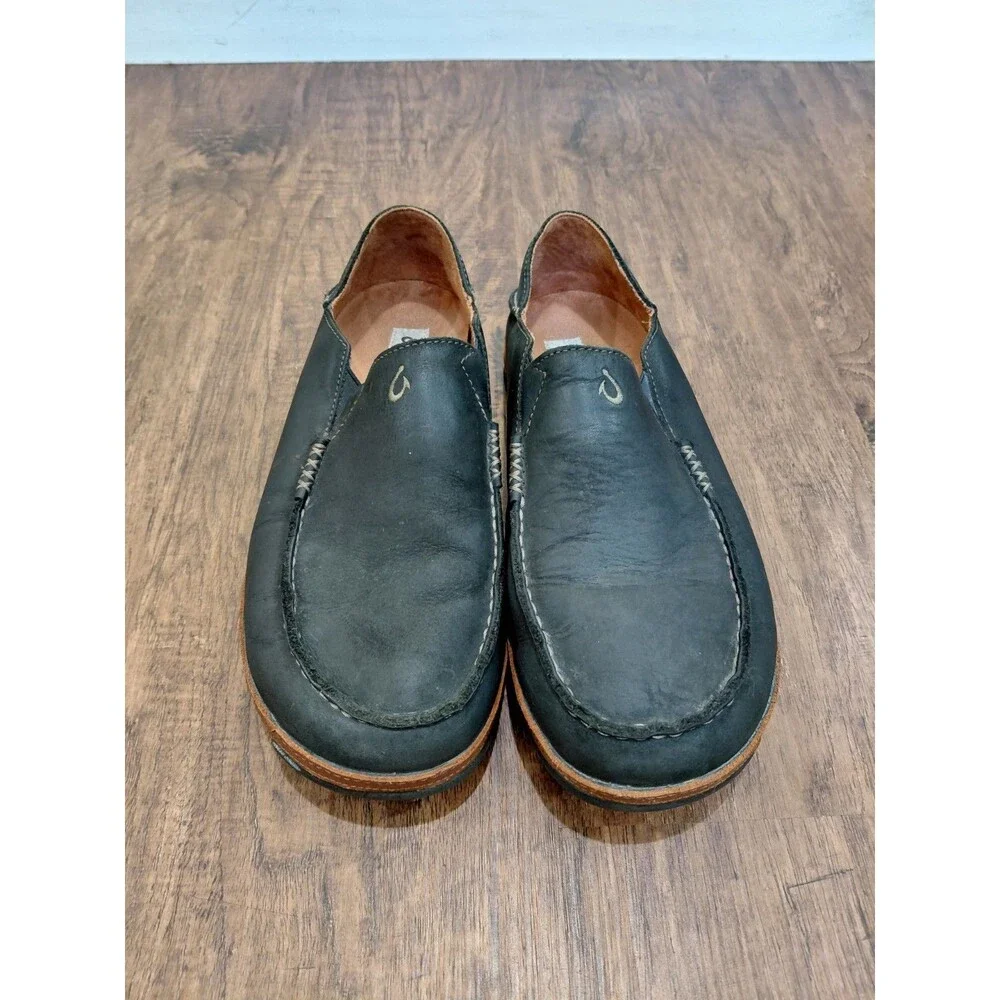 OluKai Moloa Black Leather Casual Slip On Loafers Size 10